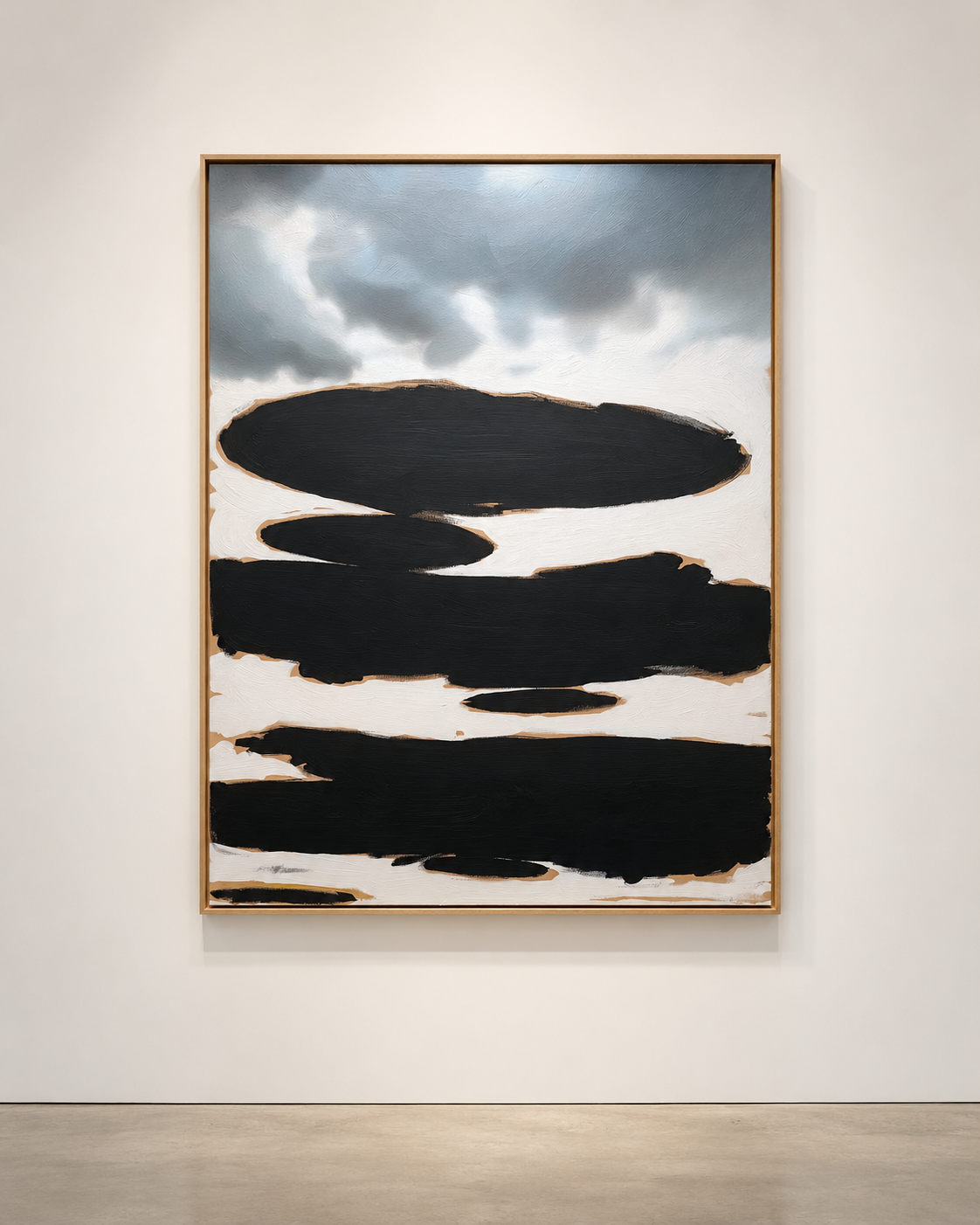 Hastings Contemporary painting installed on a gallery wall in a light oak float frame