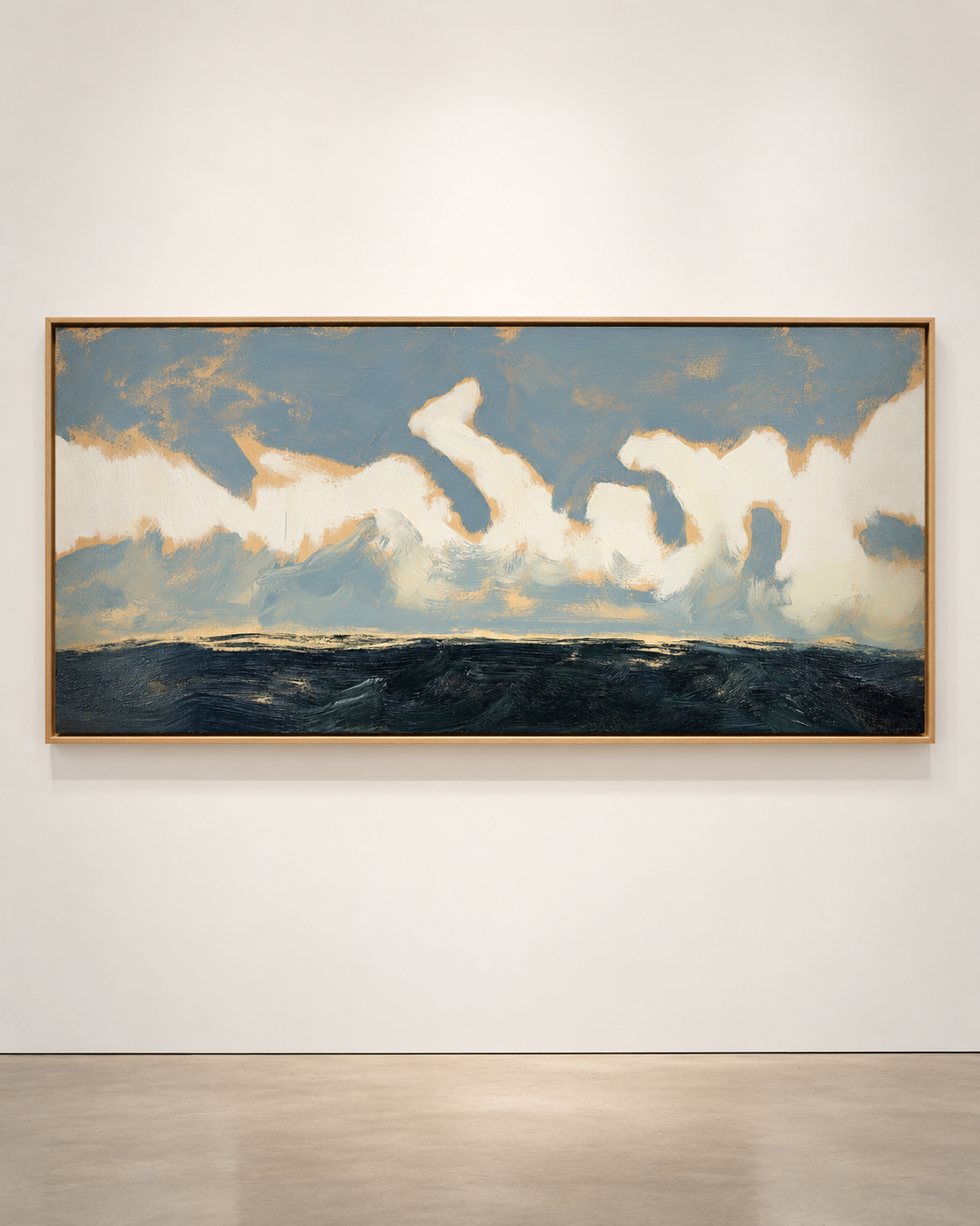 Sussex landscape painting installed on a gallery wall in a light oak float frame