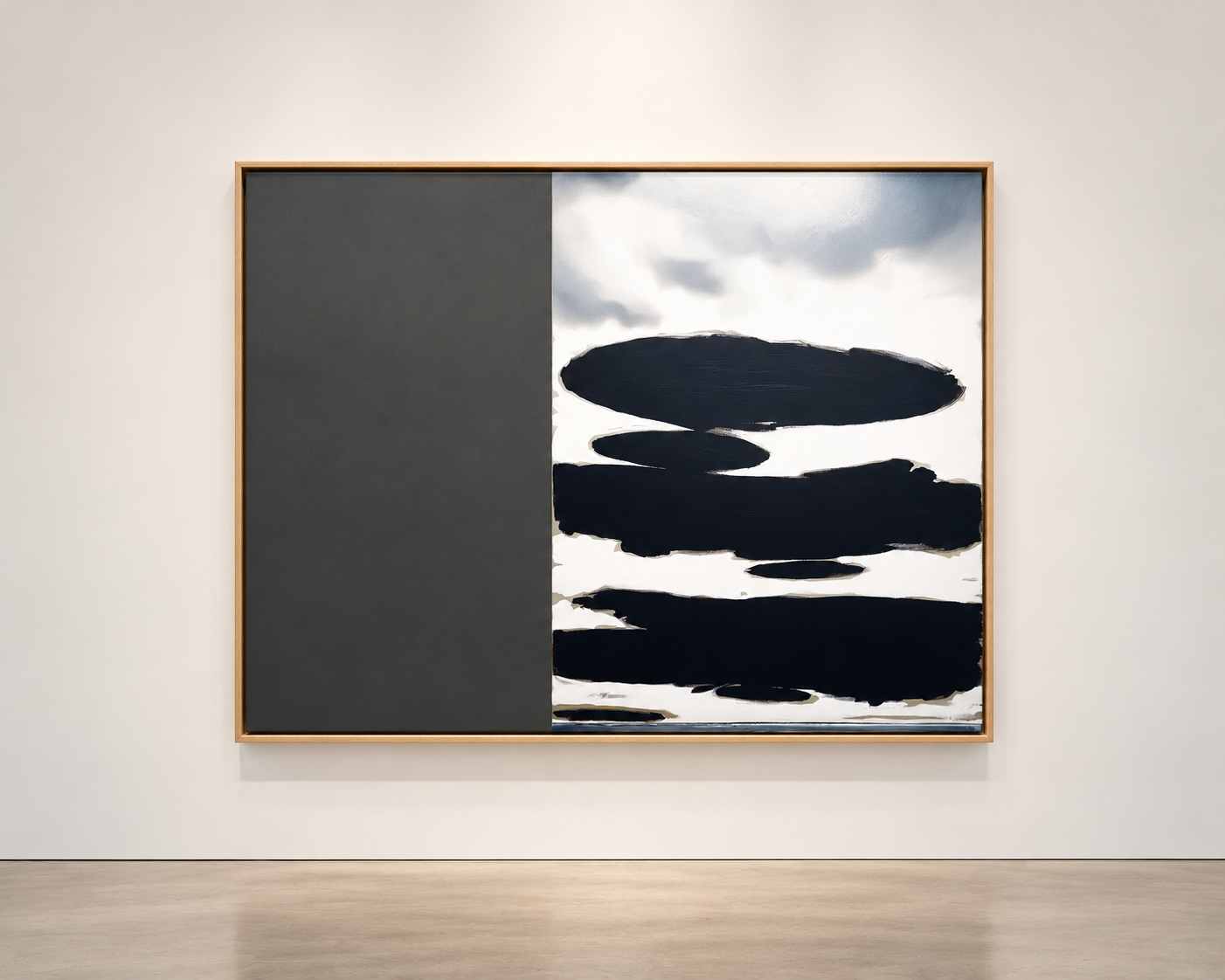 Hastings Contemporary painting installed on a gallery wall in a light oak float frame